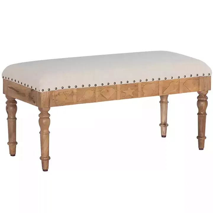 Ivory Upholstered Seashell Wood Bench