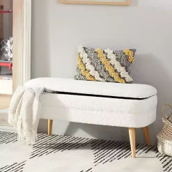 Ivory Upholstered Wood Leg Storage Bench