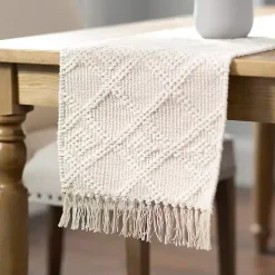 Ivory Woven Lattice Tasseled Table Runner