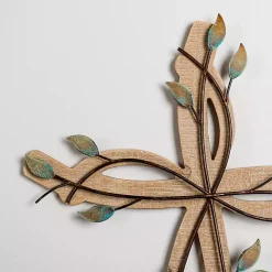 Leafy Cross Wood and Metal Wall Plaque