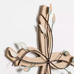 Leafy Cross Wood and Metal Wall Plaque