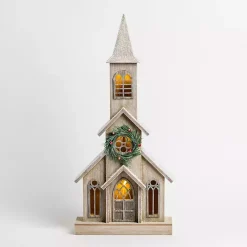 LED Brown Wood Christmas Church Statue