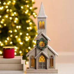 LED Brown Wood Christmas Church Statue