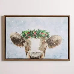 LED Cow with Christmas Greenery Canvas Art Print
