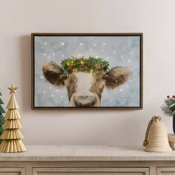 LED Cow with Christmas Greenery Canvas Art Print
