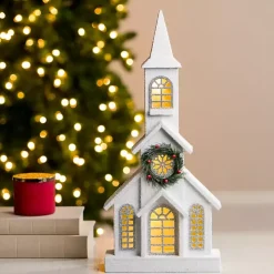 LED Flocked White Christmas Church Statue