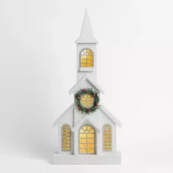LED Flocked White Christmas Church Statue