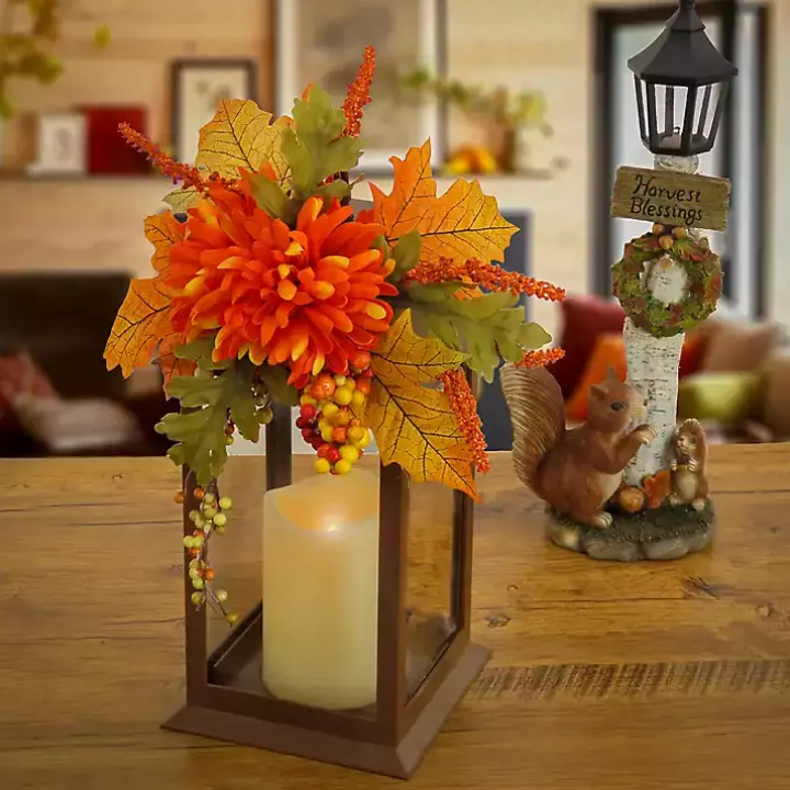 LED Mums and Berries Harvest Lantern