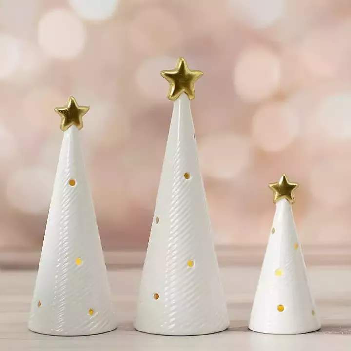 LED White Ceramic Christmas Trees, Set of 3