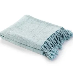 Light Blue Checkered Weave Fringe Throw