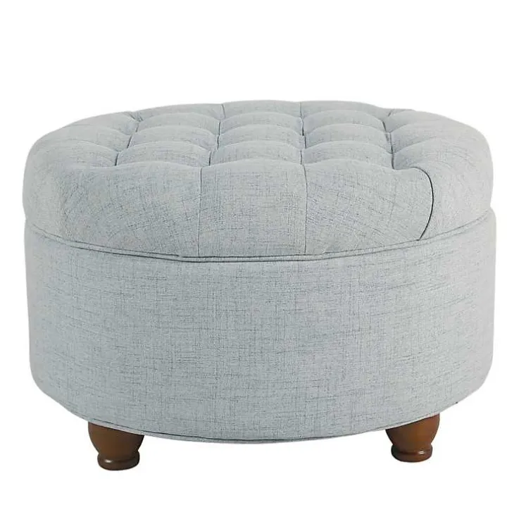 Light Blue Tufted Round Storage Ottoman