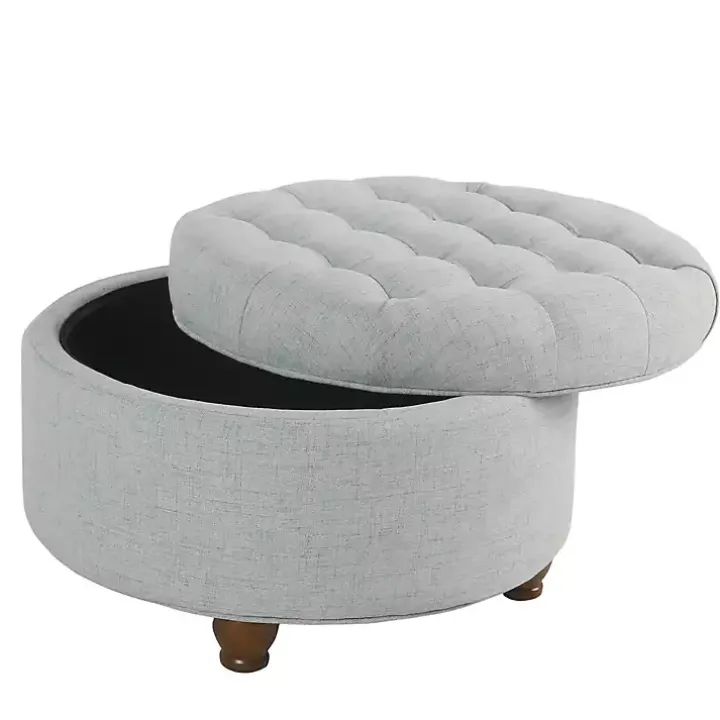 Light Blue Tufted Round Storage Ottoman
