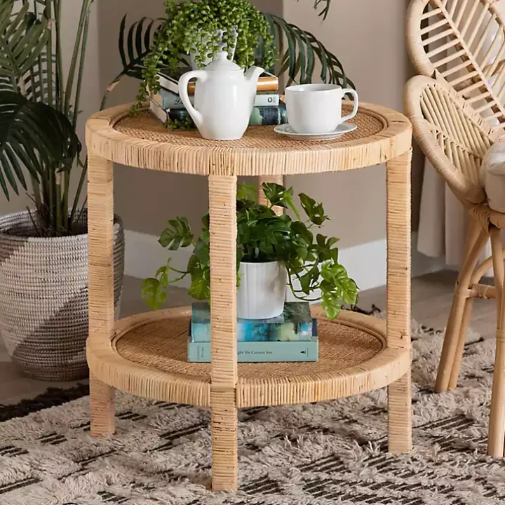 Light Brown Woven Rattan Accent Table