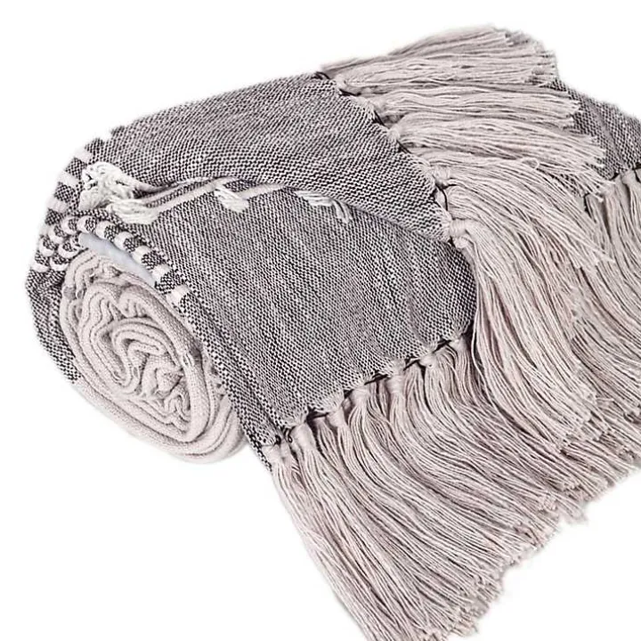 Light Gray Slub Striped Tassel Throw