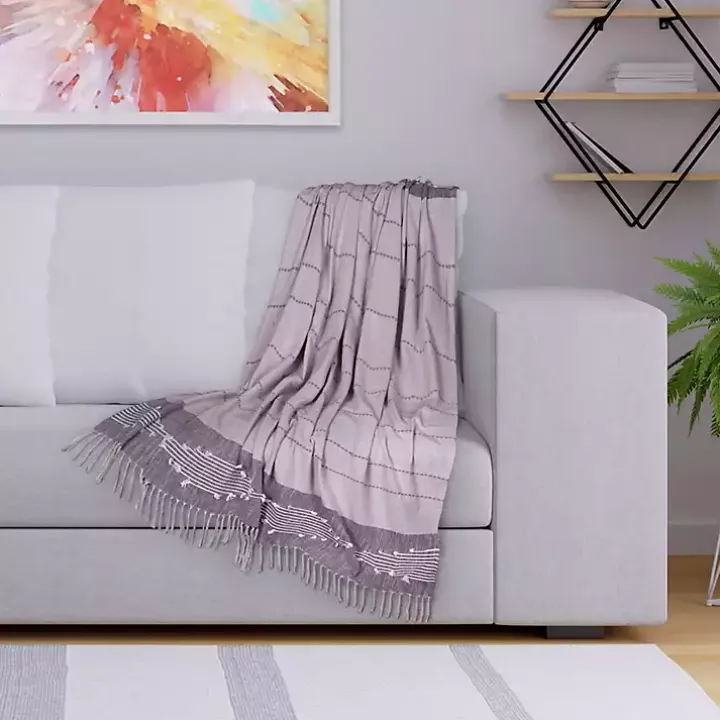 Light Gray Slub Striped Tassel Throw