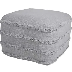 Light Gray Tufted Stripe Cotton Square Pouf