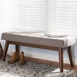 Light Gray Tufted Walnut Wood Bench