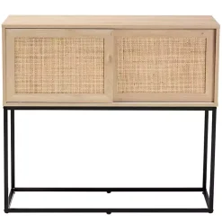 Light Wood and Rattan Sliding Door Cabinet