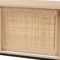 Light Wood and Rattan Sliding Door Cabinet