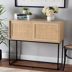 Light Wood and Rattan Sliding Door Cabinet