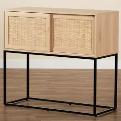 Light Wood and Rattan Sliding Door Cabinet