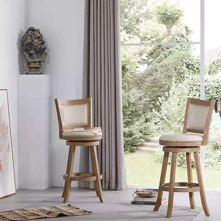 Linen and Driftwood Nailhead Swivel Bar Stool