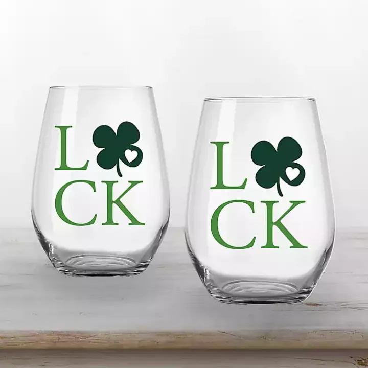 Luck Shamrock Stemless Wine Glasses, Set of 2