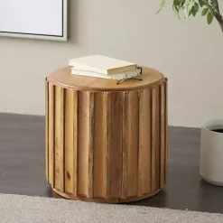 Mango Wood Ridged Drum Accent Table