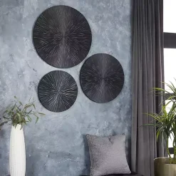 Matte Black Ribbed Sunburst Wall Plates, Set of 3