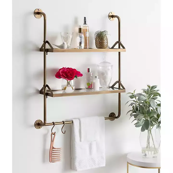 Merit Gold Metal Wall Shelf with Hooks