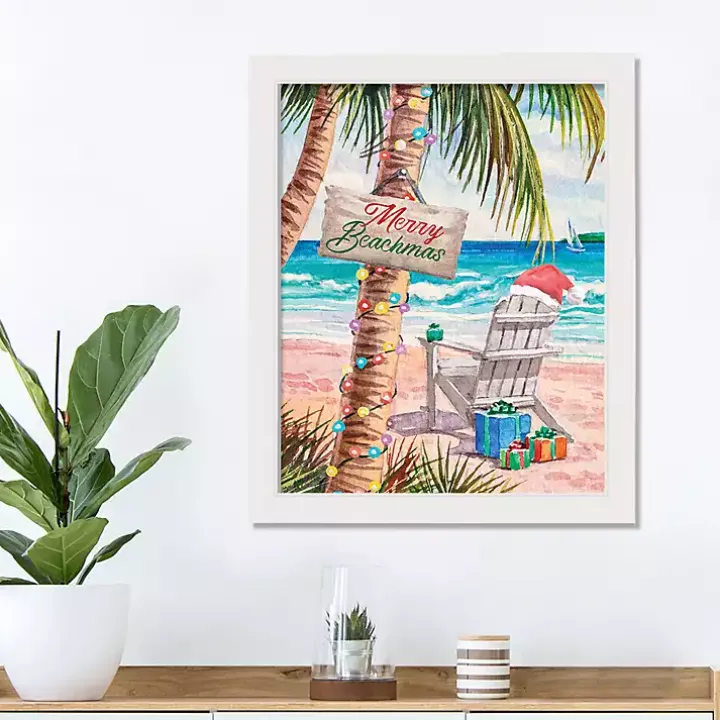 Merry Beachmas White Framed Canvas Art Print