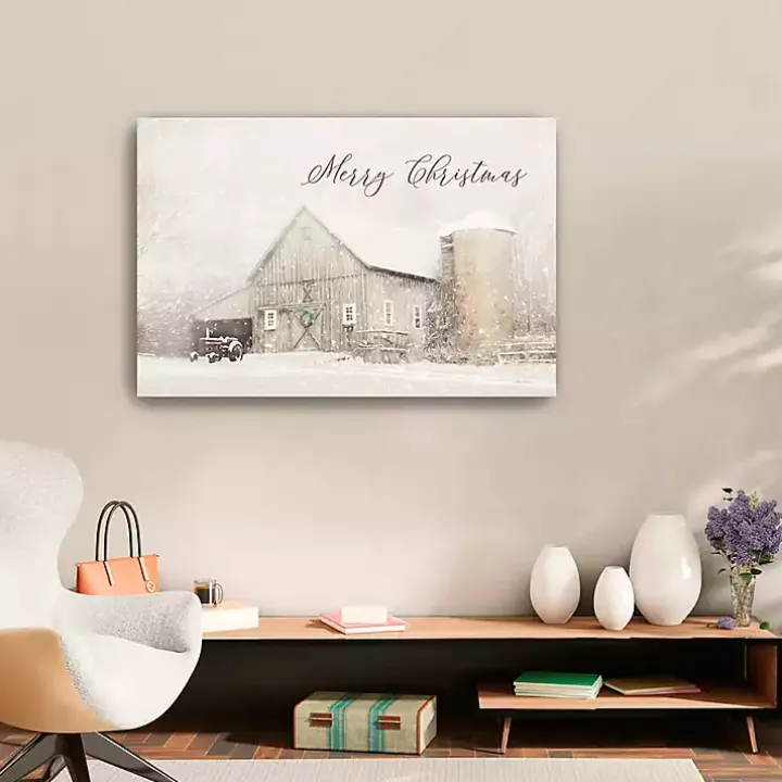 Merry Christmas Snowy Farm Canvas Art Print