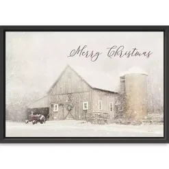 Merry Christmas Snowy Farm Framed Canvas Art Print