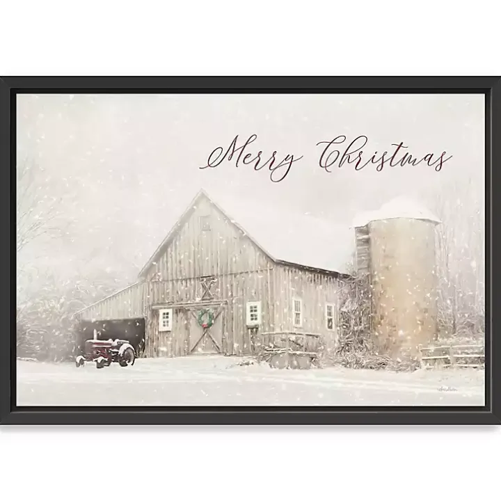 Merry Christmas Snowy Farm Framed Canvas Art Print