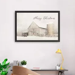 Merry Christmas Snowy Farm Framed Canvas Art Print