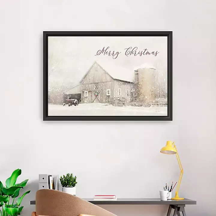 Merry Christmas Snowy Farm Framed Canvas Art Print