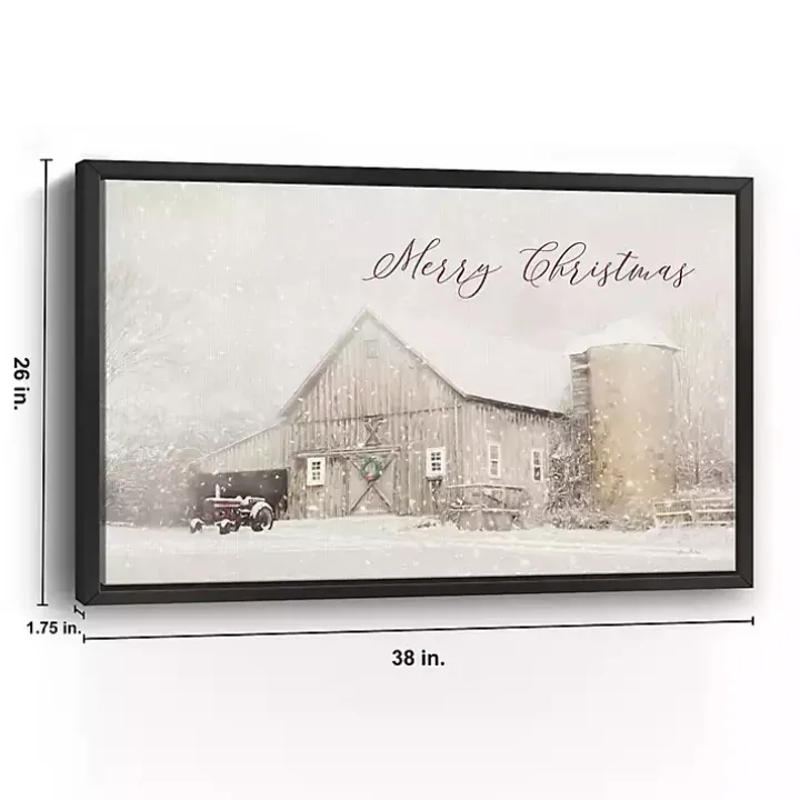 Merry Christmas Snowy Farm Framed Canvas Art Print