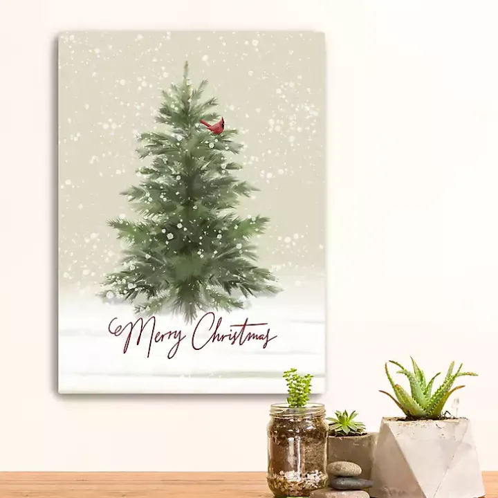 Merry Christmas Snowy Tree Canvas Art Print