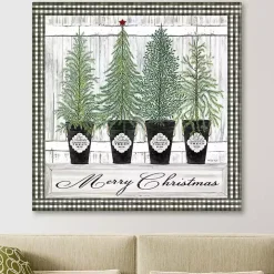 Merry Christmas Tall Potted Trees Canvas Art Print