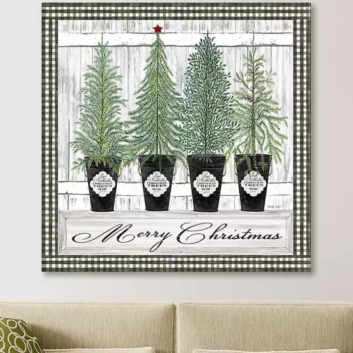 Merry Christmas Tall Potted Trees Canvas Art Print