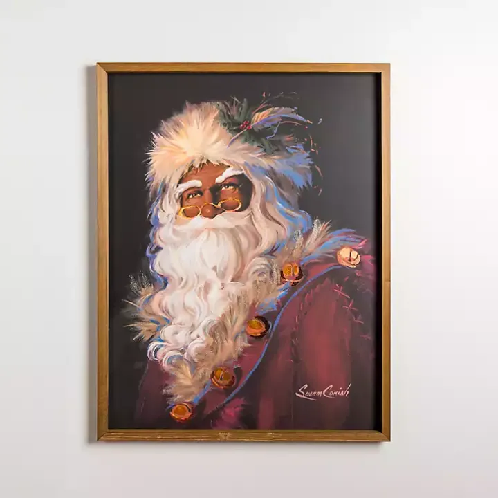 Merry Santa and Gold Bells Framed Canvas Art Print