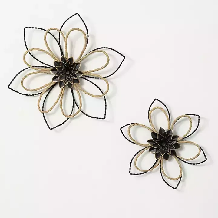 Metal and Twine Flower Wall Plaques, Set of 2