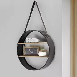 Metal Circle Wall Shelf with Leather Strap