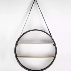 Metal Circle Wall Shelf with Leather Strap