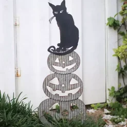 Metal Jack O Lanterns and Cat Halloween Yard Stake