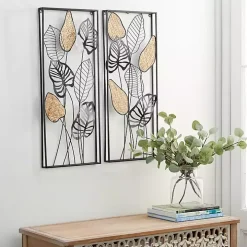 Metal Palm Leaf Panel Wall Plaques, Set of 2