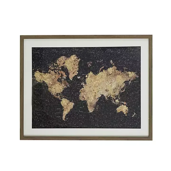 Metallic Gold World Map Framed Art Print