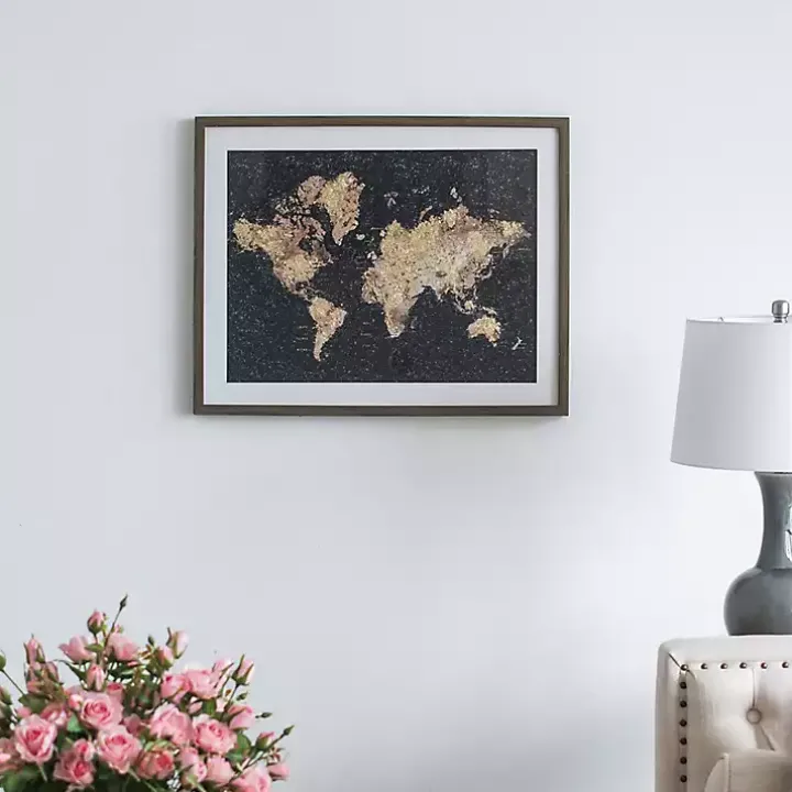 Metallic Gold World Map Framed Art Print