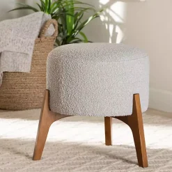 Mid-Century Modern Gray Boucle Ottoman