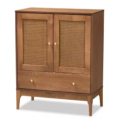 Mid-Century Modern Rattan Walnut Cabinet